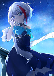  absurdres admiral_graf_spee_(a_novel_anniversary)_(azur_lane) admiral_graf_spee_(azur_lane) alcohol anniversary azur_lane bare_shoulders blue_dress blue_eyes blurry breasts closed_mouth commentary_request cowboy_shot cup dress earrings female hands_up highres jewelry looking_at_viewer medium_breasts multicolored_hair off-shoulder_dress off_shoulder official_alternate_costume partial_commentary red_hair ryou_(ryo_217cafe) short_hair solo standing streaked_hair white_hair 