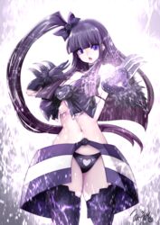  bad_id bad_pixiv_id bare_shoulders black_bow black_choker black_gemstone black_gloves black_hair black_panties black_skirt black_thighhighs blunt_bangs blunt_ends blunt_tresses bow bow_bra bra breasts choker cleavage collarbone cowboy_shot diamond_(gemstone) electricity energy female fur-trimmed_gloves fur_trim gem gloves glowing hair_ornament hairbow heart heart-shaped_gem heart_print heart_wand high_side_ponytail highres holding holding_wand jewelry large_breasts linea_alba long_hair looking_at_viewer machigatta_ko_wo_mahou_shoujo_ni_shite_shimatta magic magical_girl navel official_art open_mouth panties purple_eyes revealing_clothes ribbon showgirl_skirt shuusai_nako side_ponytail skindentation skirt solo souryu sparks spikes standing stomach teeth thick_thighs thighhighs thighs tongue underboob underwear upper_teeth_only v-shaped_eyebrows wand white_gemstone 