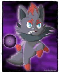  angry attack clenched_teeth digital_media_(artwork) digital_painting_(artwork) feral generation_5_pokemon hi_res male neck_tuft nintendo pokemon pokemon_(species) purple_background red_paws shadow_ball simple_background solo standing_on_hind_legs teeth tuft zennybluegenesis zorua 