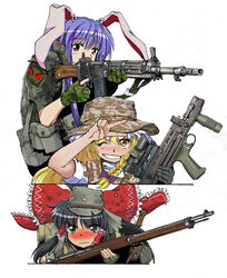  3girls ammunition_pouch animal_ears arisaka assault_rifle battle_rifle black_eyes black_hair blonde_hair blush bolt_action boonie_hat bow braid bullet_hole bullpup camouflage camouflage_headwear commentary_request gloves gun hair_tubes hairbow hakurei_reimu hat holding holding_weapon howa_type_64 kirisame_marisa l85 looking_at_viewer lunamoon_(style) magazine_(weapon) military multiple_girls nakamura_3sou one_eye_closed pouch purple_eyes rabbit_ears red_eyes reisen_udongein_inaba rifle short_sleeves simple_background single_braid smile touhou trigger_discipline v v-shaped_eyebrows weapon white_background yellow_eyes 