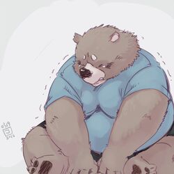  1:1 2016 anthro bear black_nose bodily_fluids bottomwear brown_body closed_eyes clothing conoji crying kemono male mammal overweight overweight_male shirt shorts sitting solo tears topwear 