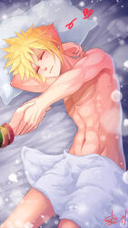  1boy abs aerith_gainsborough bangle blonde_hair bracelet closed_eyes cloud_strife earrings female final_fantasy final_fantasy_vii final_fantasy_vii_remake jewelry male_focus muscular muscular_male navel pillow smile solo_focus spiked_hair sylvia_m towel towel_around_waist 