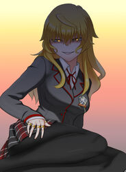  ahoge ass bad_id bad_twitter_id black_pantyhose blonde_hair blush breasts collared_shirt colored_eyelashes evil_smile female formal glowing glowing_eyes gradient_background hair_between_eyes holy_maiden_academy_school_uniform isabeau_de_baviere_(madoka_magica) jewelry jitome large_breasts lips long_hair long_sleeves magia_record:_mahou_shoujo_madoka_magica_gaiden mahou_shoujo_madoka_magica mahou_shoujo_tart_magica naughty_face necktie office_lady official_alternate_costume pantyhose plaid plaid_skirt pleated_skirt red_ribbon ribbon ring school_uniform shaded_face shirt sidelocks skirt smile solo suit thick_thighs thighs toukotsu_(gharne5) yellow_eyes 