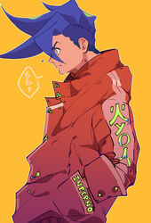  1boy absurdres blue_eyes blue_hair firefighter firefighter_jacket galo_thymos hand_in_pocket highres jacket jonya male_focus orange_background oversized_clothes profile promare solo spiked_hair 