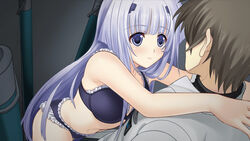  1boy bikini black_bikini blue_eyes blunt_bangs brown_hair closed_mouth female frilled_bikini frills game_cg inia_sestina long_hair looking_at_another muv-luv muv-luv_alternative muv-luv_alternative_strike_frontier short_hair smile straight swimsuit very_long_hair white_hair 