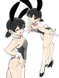  animal_ears ass bare_legs black_eyes black_footwear black_hair black_leotard bow bowtie commentary cowboy_shot cuffs doraemon female flat_chest full_body hair_between_eyes high_heels highres leotard looking_at_viewer medium_hair minamoto_shizuka multiple_views one_eye_closed open_mouth playboy_bunny rabbit_ears rabbit_tail red_bow red_bowtie short_ponytail simple_background smile tail thong_leotard toshinoshin white_background 