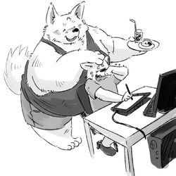  1:1 2017 anthro bodily_fluids bottomwear canid canine canis closed_eyes clothing computer conoji crying domestic_dog drawing duo electronics humanoid_hands kemono male mammal monochrome overweight overweight_male shirt shorts sitting tablet tears topwear 