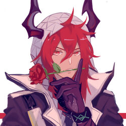  1boy arknights black_gloves black_jacket chinese_commentary commentary_request flower gloves hair_between_eyes hand_up highres hood horns index_finger_raised infection_monitor_(arknights) jacket long_hair male_focus mouth_hold photoshop_(medium) red_eyes red_flower red_hair red_rose rose sesa_(arknights) simple_background solo teeth_hold towne upper_body white_background 