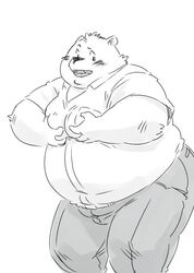  2018 anthro bear belly blush clothing conoji humanoid_hands kemono male mammal moob_grab moobs overweight overweight_male shirt simple_background solo topwear white_background 