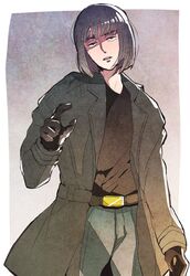  androgynous belt black_gloves black_hair black_shirt blunt_bangs bob_cut brown_coat coat commentary_request female gloves hinamatsuri_(manga) ikaruga_kei kiiton_tanaka open_clothes open_mouth outstretched_arm pants parted_lips sanpaku shirt solo 