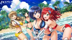  4girls :o ;d ayato_utae bare_shoulders beach bikini blue_bikini blue_hair bob_cut breasts brown_hair cleavage commentary_request copyright_notice day dolphin_hair_ornament dolphin_wave elbow_gloves fingerless_gloves gloves green_bikini green_eyes green_hair harunami_anri highres kirishima_uniform kneehighs large_breasts layered_bikini looking_at_another marvelous multiple_girls navel official_art official_wallpaper one_eye_closed ootomo_takuji outdoors palm_tree ponytail rainbow red_bikini red_hair sakimiya_iruka short_hair single_elbow_glove single_kneehigh single_sock smile socks swimsuit tojou_michiru tree yellow_bikini yellow_eyes 