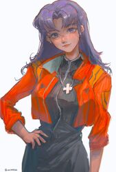  absurdres breasts cross earrings female highres jacket jewelry katsuragi_misato lips lipstick looking_at_viewer makeup neon_genesis_evangelion purple_eyes purple_hair red_jacket simple_background smile solo twitter_username uu0000322 white_background 