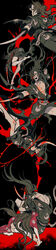  1boy absurdres amputee back bandaged_leg bandages barefoot black_background black_eyes black_hair black_kimono blade blood blood_on_clothes blood_on_face blood_on_hands blood_on_weapon brown_hair collarbone crying death doll_joints dororo_(tezuka) female hair_over_one_eye highres hug hyakkimaru_(dororo) japanese_clothes joints kaifei_(kaifei_29) kimono long_hair male_focus mio_(dororo) navel open_mouth parted_lips patterned patterned_clothing ponytail puddle red_kimono sitting tall_image teeth torn torn_clothes weapon 