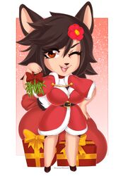  2019 anthro anthrofied belt big_breasts black_hair breasts chibi christmas cleavage clothed clothing deerling digital_media_(artwork) female flower fur generation_5_pokemon gift hair hand_on_hip hi_res holidays hooves horae_deerling mistletoe nintendo one_eye_closed open_mouth plant pokemon pokemon_(species) robe sack shaded short_stack smile solo weeniewonsh wink winter_deerling 