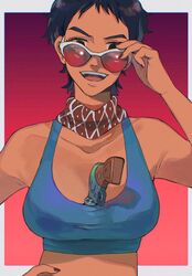  :d adjusting_eyewear bad_id bad_twitter_id bandana between_breasts black_eyes black_hair blue_sports_bra breasts caro_bambino dark-skinned_female dark_skin female genderswap_(mtf) guido_mista gun hand_on_eyewear hand_on_own_hip hand_up handgun highres jojo_no_kimyou_na_bouken nail_polish open_mouth red-tinted_eyewear rule_63 short_hair smile solo sports_bra sunglasses tinted_eyewear v-shaped_eyebrows vento_aureo weapon 