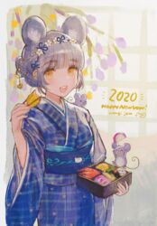  &gt;_&lt; 2020 :d animal animal_ear_fluff animal_ears animal_on_shoulder blue_kimono blush braid branch brown_eyes chinese_zodiac chopsticks closed_eyes commentary female food french_braid grey_hair holding holding_chopsticks japanese_clothes kimono looking_at_viewer miyako_(xxxbibit) mouse_(animal) mouse_ears mouse_on_shoulder obi open_mouth original osechi plaid_kimono sash short_sleeves sidelocks smile solo standing symbol-only_commentary teeth thick_eyebrows upper_teeth_only wide_sleeves xd year_of_the_rat 