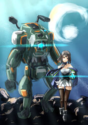  absurdres azur_lane bare_shoulders black_hair black_scarf black_thighhighs bt-7274 commentary_request cooper_(azur_lane) crossover female glowing hachimaki headband helmet highres holding holding_helmet jack_cooper livetarica mecha name_connection pink_eyes robot scarf science_fiction thigh_gap thighhighs titan_(titanfall) titanfall_(series) titanfall_2 unworn_headwear unworn_helmet vanguard_(titanfall_2) 