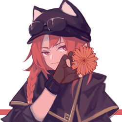  animal_hat arknights ash_(rainbow_six_siege) ash_(ranger)_(rainbow_six_siege) black_gloves black_hat black_jacket braid cabbie_hat cat_hat chinese_commentary commentary_request eyewear_on_head eyewear_on_headwear female fingerless_gloves flower gloves hat highres jacket long_hair official_alternate_costume orange_flower orange_hair photoshop_(medium) pink_eyes rainbow_six_siege simple_background single_braid solo sunglasses towne upper_body white_background 