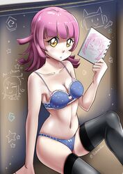  bad_id bad_pixiv_id blue_bra blue_panties blunt_bangs bra breasts female lingerie love_live! love_live!_nijigasaki_high_school_idol_club medium_hair navel pabsmikan panties pink_hair rina-chan_board solo tennoji_rina thighhighs thighs underwear underwear_only yellow_eyes 