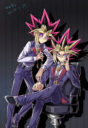  2019 2boys belt black_background black_belt blue_jacket blue_pants closed_mouth collared_shirt crossed_legs dated frown highres jacket jewelry long_hair long_sleeves looking_at_viewer male_focus multicolored_hair multiple_boys mutou_yuugi pants pink_eyes purple_eyes ring shirt signature smile spiked_hair striped striped_background white_shirt wing_collar wube yami_yuugi yuu-gi-ou 