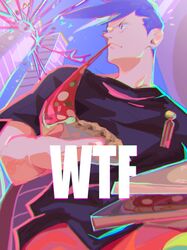  1boy badge blue_eyes blue_hair building casual chromatic_aberration eating explosion fire food galo_thymos green_fire highres jonya male_focus margherita_pizza pizza pizza_box pizza_slice promare purple_fire shirt skyscraper solo spiked_hair t-shirt 