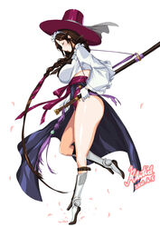  ass braid breasts brown_hair cherry_blossoms closed_eyes commission dated female full_body gat_(korean_traditional_hat) gloves hanbok highres keumran_(last_origin) korean_clothes large_breasts last_origin legs long_hair maid maid_headdress rantia signature simple_background single_braid standing sword thick_thighs thighs very_long_hair weapon white_background white_gloves 