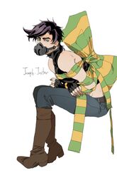  1boy 60_(klioo1) battle_tendency black_hair blue_eyes bondage bondage boots bound bow character_name crop_top denim fingerless_gloves gloves green_scarf jeans jojo_no_kimyou_na_bouken joseph_joestar joseph_joestar_(young) male_focus mask midriff multicolored_clothes multicolored_scarf pants scarf scarf_bow sitting solo striped_clothes striped_scarf yellow_scarf 