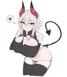  arm_under_breasts bare_shoulders black_bridal_gauntlets black_horns black_panties black_shirt black_tail black_thighhighs breast_hold breasts bridal_gauntlets cleavage_cutout closed_mouth clothing_cutout crop_top cropped_legs crossed_bangs demon_girl demon_horns demon_tail detached_tail eyes_visible_through_hair female finger_to_mouth groin hair_between_eyes heart highres horns index_finger_raised korean_commentary large_breasts lowleg lowleg_panties multicolored_horns nyong_nyong original panties red_eyes red_horns shirt short_hair sidelocks simple_background sleeveless sleeveless_shirt smile solo tail thighhighs underwear white_background white_hair 