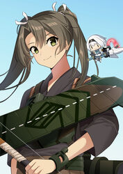  2girls a6m_zero_(ash_arms) akagi_kurage ash_arms black_shirt bow_(weapon) brown_hair camouflage chibi commentary_request crossover flight_deck gradient_background green_eyes hair_ribbon headband highres historical_connection holding holding_bow_(weapon) holding_weapon kantai_collection katana long_hair looking_at_viewer machinery mini_person minigirl multiple_girls muneate nomizu_iori ribbon shirt smile sword twintails upper_body voice_actor_connection weapon white_hair zuikaku_(kancolle) zuikaku_kai_(kancolle) |_| 