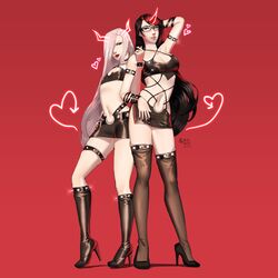  2girls absurdres bayonetta bayonetta_(series) black_hair black_skirt black_thighhighs cosplay crop_top full_body glasses high_heels highres jeanne_(bayonetta) kneehighs kneesocks_(psg) kneesocks_(psg)_(cosplay) locked_arms miniskirt mole mole_under_mouth multiple_girls navel panty_&amp;_stocking_with_garterbelt pose riicemochii scanty_(psg) scanty_(psg)_(cosplay) simple_background skirt socks standing stomach thighhighs white_hair 