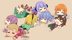  2boys 6+girls arms_at_sides black_footwear black_hairband black_shirt blonde_hair blue_hair blush candy chibi closed_mouth cup dress drinking_straw eating eating_hair fish flip-flops floral_print food furude_rika green_dress green_hair grey_pants hair_between_eyes hairband hanyuu higurashi_no_naku_koro_ni horns houjou_satoko houjou_teppei japanese_clothes lollipop long_hair lying lying_on_person maebara_keiichi mamiya_rina miko multiple_boys multiple_girls necktie nose_bubble on_back on_stomach open_mouth orange_hair pants pantyhose ponytail puffy_short_sleeves puffy_sleeves purple_hair red_necktie red_shirt red_skirt red_vest ryuuguu_rena sailor_collar sailor_dress sandals shirt shoes short_hair short_sleeves shorts simple_background skirt sleeping sleeping_on_person sleeping_upright sonozaki_mion sweets tonogai_yoshiki vest white_footwear white_sailor_collar white_shirt yellow_background 