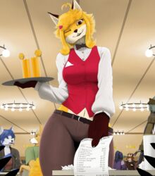  2023 accessory anthro background_character banana belt beverage biped bottomwear bow_tie breasts brown_eyes cafe canid canine clothing curvy_figure digital_drawing_(artwork) digital_media_(artwork) english_text female female_focus first_person_view food fox fox_mccloud fruit fur group gun hair hair_accessory hairclip hi_res holding_tray inside jasmin_(jasminthemanticore) juice_(beverage) krystal_(star_fox) looking_at_viewer mammal mikelocesterlanders navel nintendo one_eye_closed orange_body orange_fur orange_hair orange_juice pants plant purchase_bill ranged_weapon red_clothing red_fox red_topwear solo_focus star_fox text topwear true_fox waiter waitress_uniform weapon wink winking_at_viewer 