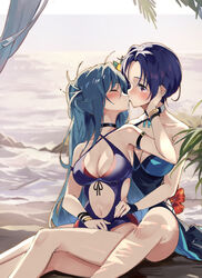  2girls bare_arms bare_shoulders black_one-piece_swimsuit blue_hair blue_one-piece_swimsuit blush breasts casual_one-piece_swimsuit cleavage closed_eyes clothing_cutout commentary_request criss-cross_halter feet_out_of_frame fire_emblem fire_emblem:_three_houses fire_emblem_heroes flower forehead halterneck hand_up highres horizon kissing kurono_kiria lamb_(hitsujiniku) long_hair medium_breasts multiple_girls navel navel_cutout ocean one-piece_swimsuit parted_bangs purple_eyes red_flower shamir_nevrand shamir_nevrand_(summer) sitting swimsuit tokyo_mirage_sessions_fe very_long_hair water yuri 