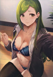  absurdres arm_up black_pantyhose blue_bra blue_panties bra breasts brown_eyes cleavage clothes_pull female green_hair highres idolmaster idolmaster_shiny_colors indoors long_hair medium_breasts nanakusa_hazuki navel non-web_source open_clothes open_shirt panties pantyhose pantyhose_pull photoshop_(medium) scan selfie single_sidelock sitting smile sola_(solo0730) solo sweat underwear 