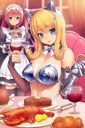  2girls airi_(queen&#039;s_blade) airi_(queen&#039;s_blade_unlimited) alcohol animal_ears apron armor armored_boots bikini_armor black_dress black_gloves black_thighhighs blonde_hair blue_eyes boots bow bread breastplate breasts butter chair choker clawed_gauntlets cleavage closed_mouth collarbone cup detached_collar dress drink drinking_glass elbow_gloves elina_(queen&#039;s_blade) fake_animal_ears fingerless_gloves fingernails food fork gauntlets glint gloves hairband hairbow hands_up holding holding_cup holding_drink holding_tray indoors knife lace lace-trimmed_gloves lace_trim large_breasts lobster long_hair looking_at_viewer maid maid_apron maid_headdress meat medium_breasts multiple_girls navel neck_ribbon night non-web_source official_art on_chair oosaki_shin&#039;ya parted_lips plate puffy_short_sleeves puffy_sleeves quad_tails queen&#039;s_blade queen&#039;s_blade_unlimited queen&#039;s_blade_white_triangle red_hair ribbon ribbon_choker shadow_tracker_elina short_sleeves sidelocks single_gauntlet sitting smile standing steak table thighhighs tray white_choker white_ribbon window wine wine_glass 