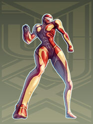  arm_cannon breasts commentary_request crossover exposed_muscle female female_titan full_body fusion highres medium_breasts metroid samus_aran shingeki_no_kyojin simple_background solo transparent_background varia_suit weapon zededge 