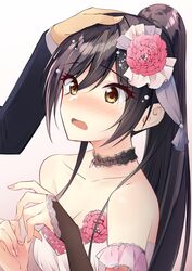  absurdres bare_shoulders black_choker black_hair blush bridal_gauntlets choker collarbone dress female flower gradient_background hair_flower hair_ornament headpat high_ponytail highres idolmaster idolmaster_shiny_colors long_hair megurumiru pink_dress pink_flower ponytail shirase_sakuya solo_focus strapless strapless_dress swept_bangs upper_body yellow_eyes 