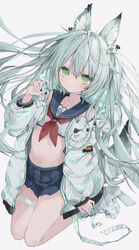  absurdres animal_ears bad_id bad_pixiv_id bare_shoulders blue_sailor_collar blue_skirt blush boots coat commentary_request commission crop_top ear_tag female flat_chest fox_ears fox_girl fox_tail green_eyes grey_background grey_hair hair_between_eyes highres hood hood_down hooded_jacket jacket kneeling long_hair long_sleeves mashiro_shiki midriff miniskirt navel neckerchief no_socks off_shoulder open_clothes open_jacket original partial_commentary pleated_skirt puffy_sleeves red_neckerchief revealing_clothes sailor_collar school_uniform serafuku shirt simple_background skeb_commission skirt sleeveless sleeveless_shirt solo stomach tail thighs white_footwear white_jacket white_shirt 