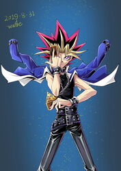  1boy 2019 belt belt_buckle black_belt black_pants black_shirt blue_background blue_jacket bracelet buckle card chains choker dated highres holding holding_card jacket jacket_on_shoulders jewelry long_hair looking_at_viewer male_focus multicolored_hair pants purple_eyes shiny shiny_clothes shirt sleeveless sleeveless_shirt solo spiked_hair wube yami_yuugi yuu-gi-ou 