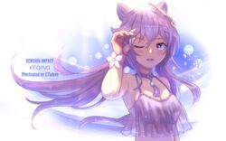  ;d arm_up armpits artist_name blush breasts camisole character_name choker cleavage cone_hair_bun copyright_name ctiahao earrings female flower flower_bracelet genshin_impact hair_bun hair_ornament highres jewelry keqing_(genshin_impact) long_hair medium_breasts neck_tassel one_eye_closed open_mouth purple_choker purple_eyes purple_hair see-through sleeveless smile solo sparkle tassel twintails upper_body water_drop white_flower 