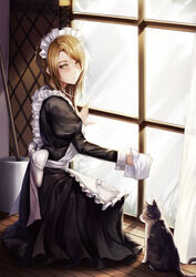  absurdres alternate_costume animal apron asymmetrical_bangs bad_id bad_pixiv_id black_dress blush breasts brown_hair cleaning cleaning_windows commentary_request curtains dress eyelashes feline female frilled_apron frills girls&#039;_frontline highres holding indoors kibellin korean_commentary lee-enfield_(girls&#039;_frontline) long_hair long_sleeves looking_at_animal maid maid_apron maid_headdress medium_breasts on_one_knee photoshop_(medium) solo white_apron window wooden_floor yellow_eyes 