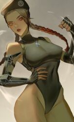  adapted_costume apex_legends arms_dealer_loba artist_name beret black_hat black_leotard braid breasts brown_eyes brown_hair cammy_white cammy_white_(cosplay) chikitamako clenched_hand cosplay cowboy_shot dark-skinned_female dark_skin dog_tags eyeshadow female fingerless_gloves gloves gradient_hair grey_background hand_on_own_hip hat highres leotard loba_(apex_legends) looking_down makeup medium_breasts multicolored_hair parted_lips red_eyeshadow red_hair red_lips scouter solo street_fighter tinted_eyewear twin_braids yellow-tinted_eyewear 