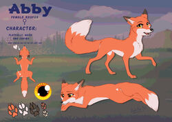  abby_(rukifox) all_fours belly canid canine female feral flat_colors fox fur heart_on_body lying mammal model_sheet on_front red_body red_fur rukifox solo sploot white_belly yellow_eyes 