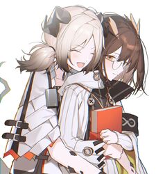  2girls :d ^_^ animal_ears arknights bad_id bad_twitter_id book brown_hair closed_eyes commentary_request dress eojjeodagaileohgedwaessji feather_hair glasses hair_between_eyes highres holding holding_book horns hug hug_from_behind ifrit_(arknights) jacket korean_commentary logo long_sleeves looking_at_viewer material_growth medium_hair multiple_girls open_mouth orange_eyes oripathy_lesion_(arknights) owl_ears platinum_blonde_hair rhine_lab_logo shirt short_hair silence_(arknights) simple_background smile white_background 