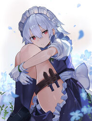  blue_flower bow clothes_between_thighs commentary falken_(yutozin) female flower gloves holster hugging_own_legs izayoi_sakuya knees_to_chest knees_up knife knife_sheath looking_at_viewer maid_headdress petals photoshop_(medium) red_eyes revision sheath sheathed short_sleeves sitting skirt socks solo thigh_holster thighs touhou waist_bow weapon_in_garters white_gloves white_hair 