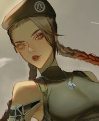  adapted_costume apex_legends arms_dealer_loba artist_name beret black_hat black_leotard braid breasts brown_eyes brown_hair cammy_white cammy_white_(cosplay) chikitamako cosplay dark-skinned_female dark_skin dog_tags eyeshadow female gradient_hair grey_background hat highres leotard loba_(apex_legends) looking_down makeup medium_breasts multicolored_hair parted_lips portrait red_eyeshadow red_hair red_lips scouter solo street_fighter tinted_eyewear twin_braids yellow-tinted_eyewear 