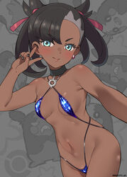  &gt;:) alternate_skin_color aqua_eyes armpit_crease artist_name asymmetrical_bangs bare_arms bare_shoulders black_choker black_hair black_nails blue_slingshot_swimsuit blush breasts choker collarbone commentary_request criss-cross_halter dark-skinned_female dark_skin female groin hair_ribbon halterneck hand_up highres looking_at_viewer marnie_(pokemon) medium_hair mizuki_makoto morpeko morpeko_(full) morpeko_(hangry) nail_polish navel outstretched_arm photoshop_(medium) pokemon pokemon_(creature) pokemon_swsh red_ribbon ribbon selfie short_twintails slingshot_swimsuit small_breasts smile smug solo stomach swimsuit twintails v v-shaped_eyebrows 