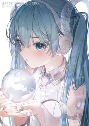  2021 blue_hair blue_nails blush character_name collared_shirt female globe hands_up hatsune_miku hatsune_miku_expo headphones highres holding long_hair looking_at_viewer nail_polish ryota_(ry_o_ta) see-through see-through_sleeves shirt signature sleeveless sleeveless_shirt solo twintails upper_body vocaloid white_shirt 