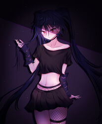  absurdres black_background black_shirt black_skirt blue_hair breasts brown_hair crop_top cropped_shirt female fishnet_pantyhose fishnets goth_fashion highres idol_corp long_hair looking_at_viewer midriff navel open_mouth pantyhose red_eyes shaded_face shirt single_leg_pantyhose skirt small_breasts solo thigh_strap thinkuwu twintails virtual_youtuber yuko_yurei 