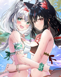  2girls ahoge animal_ear_fluff animal_ears arm_strap bikini black_bikini black_hair blurry blurry_background blush bracelet braid breast_press breasts cleavage commentary_request earrings extra_ears fox_ears fox_girl frown green_eyes hair_between_eyes highres hololive hug jewelry kurokami_fubuki long_hair looking_at_viewer medium_breasts multicolored_hair multiple_girls oerba_yun_fang open_mouth red_eyes red_hair shirakami_fubuki sho_(runatic_moon) sidelocks single_braid skin_fang streaked_hair swimsuit symmetrical_docking virtual_youtuber wet white_bikini white_hair 